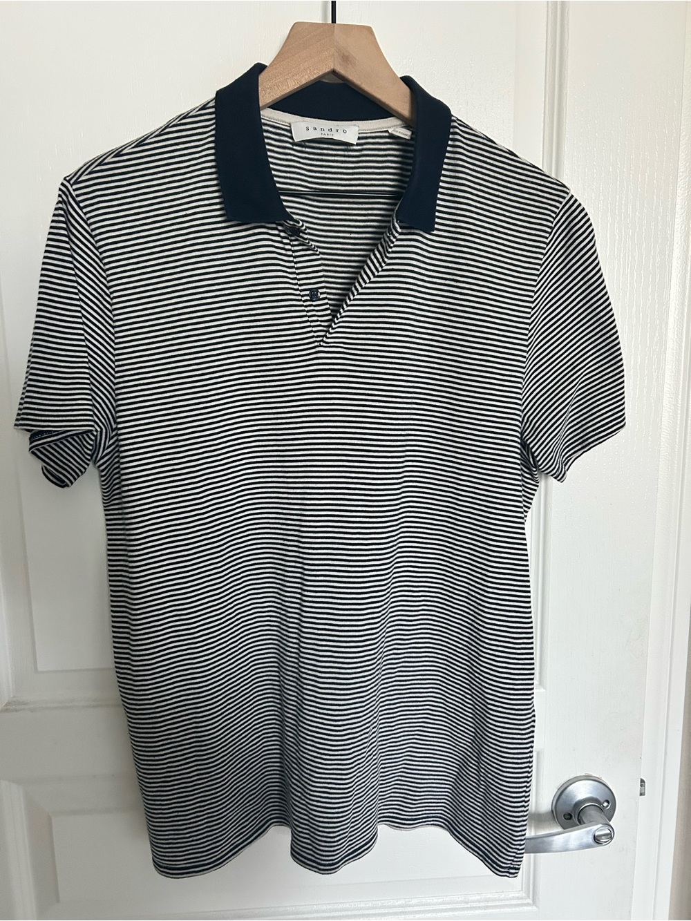 SANDRO PARIS STRIPPED dark Blue and White Polo with Contrast Collar Size L